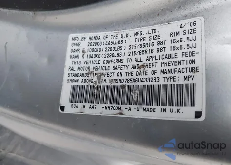2006 Honda Cr-V Lx z USA, uszkodzony, nr VIN SHSRD785X6U433283